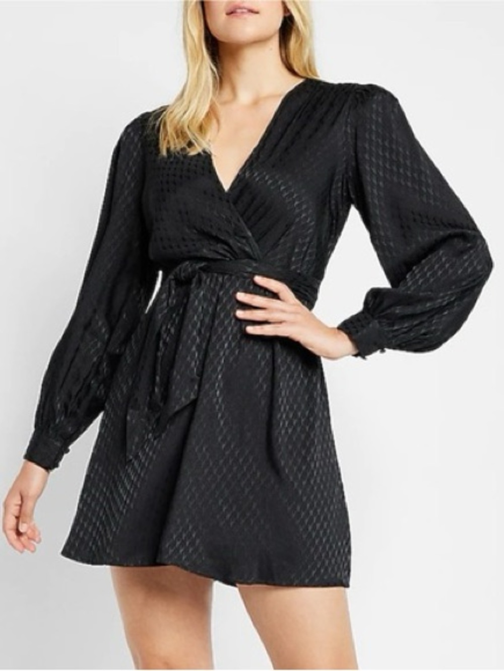 Express Black Wrap Mini Dress with Textured Shine